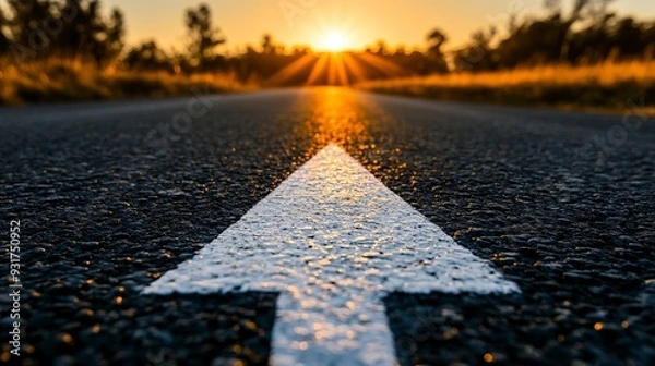 Fototapeta White arrow on the asphalt road during the sunset. Straight ahead way concept, path to success direction, business career future guidance, journey to the destination