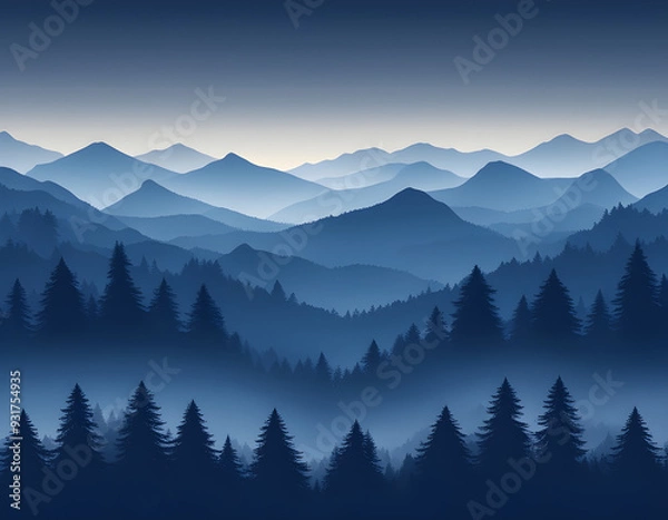 Fototapeta Blue Misty forest multiple mountains background