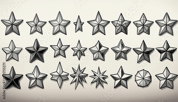 Fototapeta A collection of inked star doodles in a doodle style on a white backdrop.
