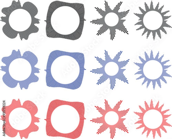 Fototapeta Circle sound wave collection. High frequency radio wave, Sound waves, Equalizer, Audio waves, Radio signal. Symbol of waveform burst rays.