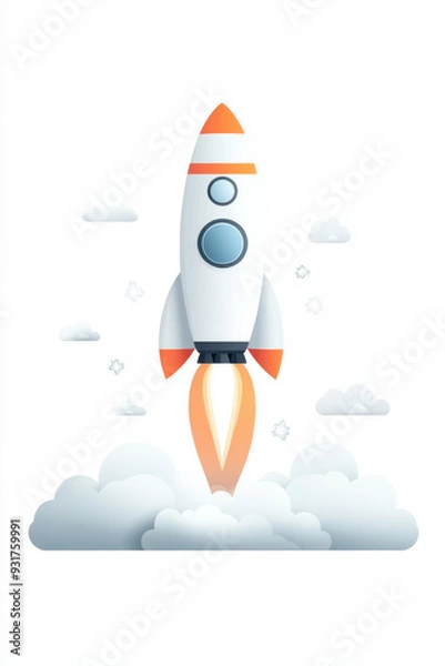 Obraz Rocket icon,  Eye-catching flat design of a cheerful rocket with large windows, taking off from a subtle gray launch pad, framed by fluffy clouds, creating a dynamic visual on a