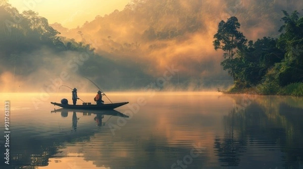 Obraz Two fishermen are quietly fishing from their boat on a serene lake as the morning mist rises amidst the surrounding mountains. Generative AI