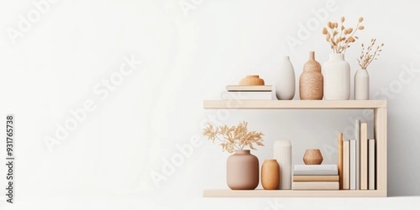 Fototapeta Modern 3D Icon of Stylish Bookshelf with Decorative Items for Home Organization and Decor Concept