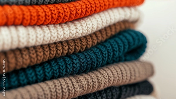 Fototapeta Stack of Colorful Knitted Sweaters in Autumn Colors Close-Up, Perfect for Fall Fashion and Textile Design