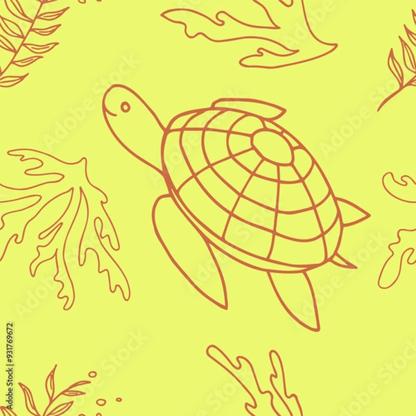 Fototapeta Seamless pattern with sea turtles and corals, underwater life, hand drawn. Vector seamless pattern. Suitable for textiles, covers, wall wallpaper, packaging, children's prints, etc.