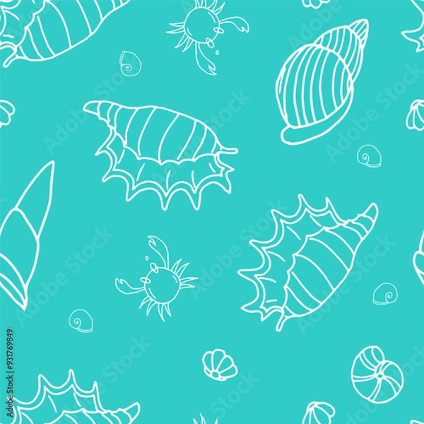 Fototapeta Blue seamless pattern with sea shells crabs and fishes, underwater life, hand drawn. Vector seamless pattern. Suitable for textiles, covers, wall wallpaper, packaging, children's prints, etc.