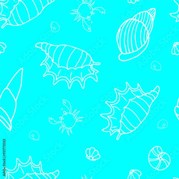 Fototapeta Blue seamless pattern with sea shells crabs and fishes, underwater life, hand drawn. Vector seamless pattern. Suitable for textiles, covers, wall wallpaper, packaging, children's prints, etc.