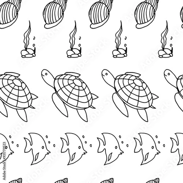 Fototapeta Black and white seamless pattern with seahorses, corals, sea shells, crabs, fish, turtles, underwater life, hand drawn. Vector seamless pattern. Suitable for textiles, covers, wall wallpaper, packing