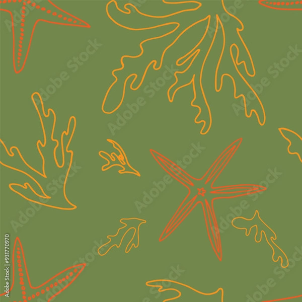 Fototapeta Seamless corals, starfish, underwater life, hand drawn vector seamless pattern. Suitable for textiles, covers, wall wallpaper, packaging, etc.