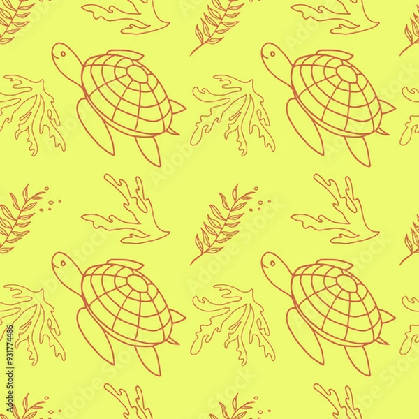 Fototapeta Seamless pattern with sea turtles and corals, underwater life, hand drawn. Seamless pattern. Suitable for textiles, covers, wall wallpaper, packing, children's prints, etc.