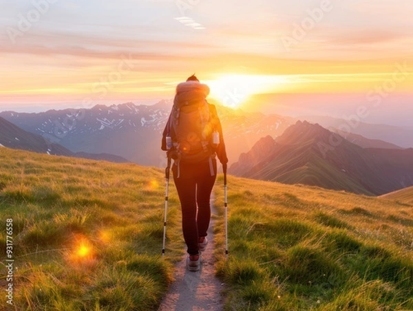 Obraz Hiking at dawn, showcasing the beauty of nature and early starts focus on dawn adventure whimsical Fusion sunrise backdrop