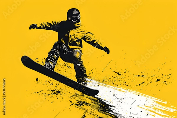 Obraz Stylized illustration of snowboarder carving on vibrant background
