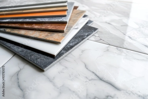 Obraz Samples of a ceramic tile in shop. Colored samples of ceramic tiles for kitchen or bathroom interior material design of house, floor, porcelain stoneware.