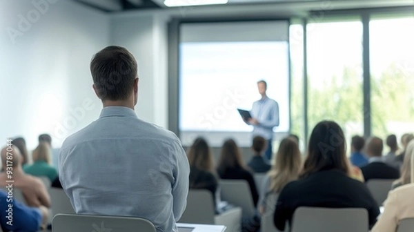 Fototapeta Business presentation in modern office setting with audience paying attention to speaker. Professional atmosphere highlights corporate learning environment.