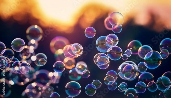 Fototapeta 夕日の下でシャボン玉が飛ぶ