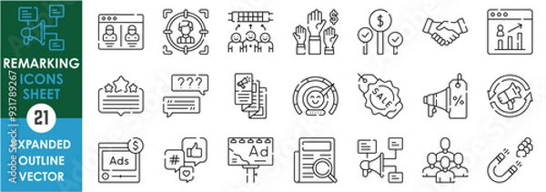 Fototapeta A set of line icons related to Remarking. Market, sell, advertise, review, customer, megaphone, magnet, customer satisfaction, sale, target, bidding, and so on. Vector outline icons set.