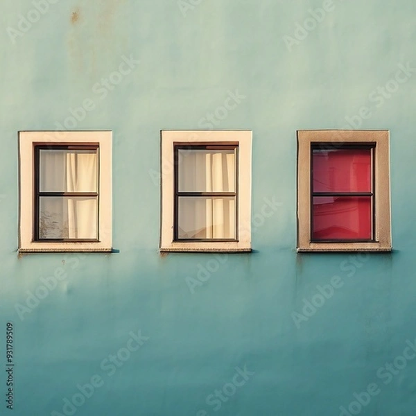 Fototapeta three windows with curtains on a blue wall