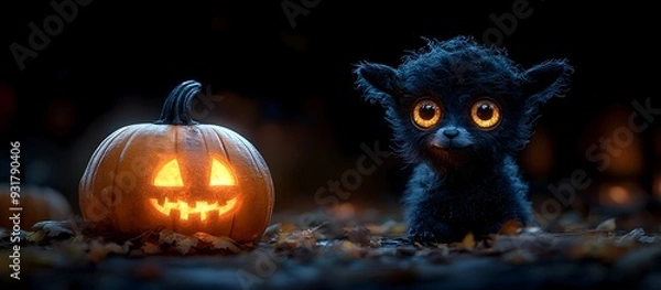 Fototapeta Spooky Halloween Pumpkin with Glowing Eyes and Zombie Goat Creature