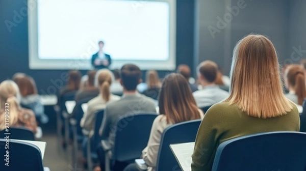 Fototapeta Group of people engaged in business seminar presentation with focus on speaker. Rear view captures audience attention.