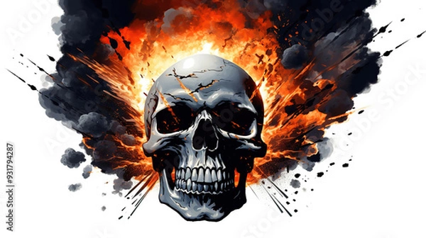 Fototapeta A skull with a mouth open and a fire explosion in the background