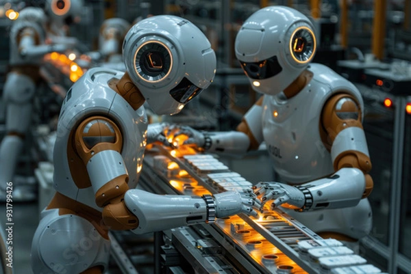 Fototapeta Humanoid robots collaborating in a modern factory