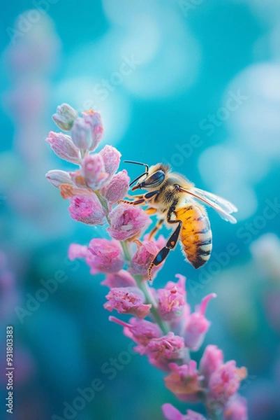 Fototapeta bee in a colorful flower garden with blur background generated by AI