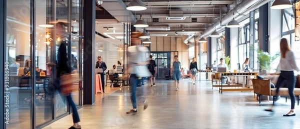 Fototapeta People moving through a busy open office space with modern industrial design, featuring exposed ceilings, large windows, and collaborative work areas.