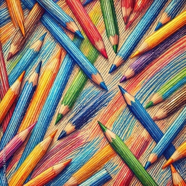 Fototapeta A vibrant arrangement of colored pencils creating a colorful background, perfect for artistic and creative themes.