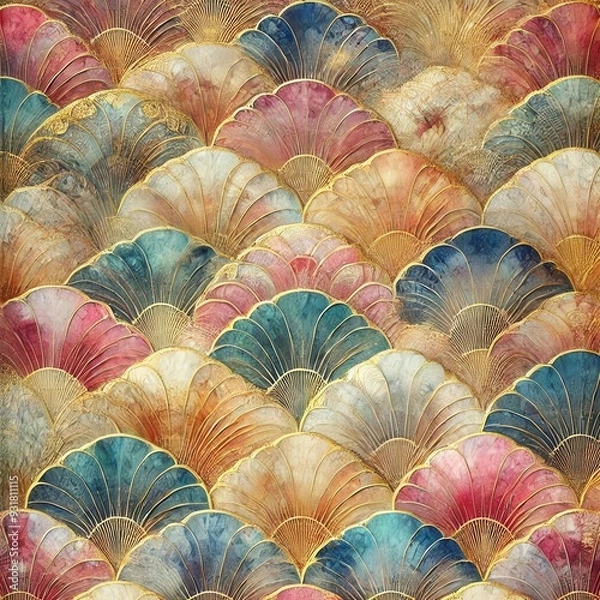 Fototapeta A vibrant pattern of colorful, scalloped fans, blending rich hues and intricate designs, perfect for decorative purposes.
