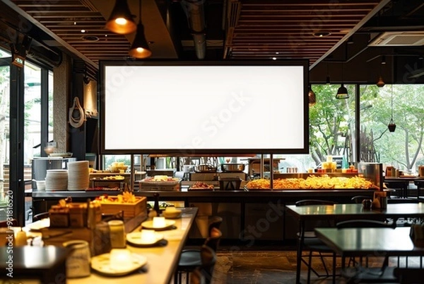 Fototapeta A blank white advertising sign hangs above a buffet table in a modern restaurant.  The table has a variety of food items. The restaurant has large windows with a view of trees and foliage outside.