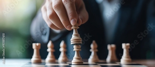 Fototapeta A focused hand moving a chess piece on a board, symbolizing strategy and concentration in a game of chess.
