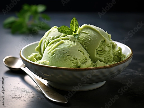 Obraz Eyecatching Top view of matcha tea powder in bowl with bamboo whisk