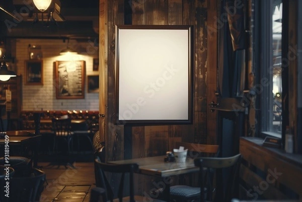 Fototapeta Blank poster mockup in a rustic cafe setting with a wooden wall, tables, and chairs.
