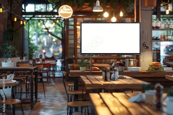 Fototapeta A large blank screen TV mounted on a stand in a dimly lit restaurant with wooden tables, chairs, and bar.