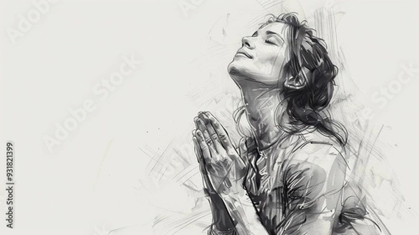 Fototapeta Sketch a woman kneeling in prayer with her hands clasped and eyes closed, radiating a sense of peace and devotion.