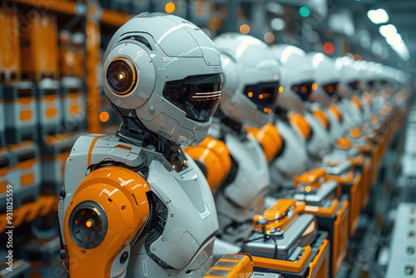 Fototapeta Humanoid robots optimizing warehouse logistics