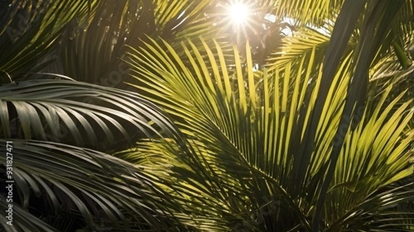 Fototapeta view of palm leaves in a tropical garden illuminated by the sun's rays

