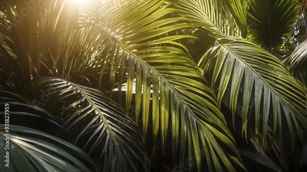 Fototapeta view of palm leaves in a tropical garden illuminated by the sun's rays

