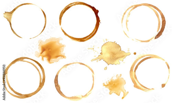 Obraz Coffee stain circle isolated set. Round coffee stain cup collection, splash coffee on white