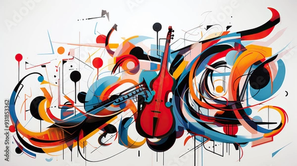 Fototapeta generated illustration Color Background with Guitar and abstract design elements.