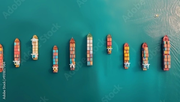Fototapeta A row of large cargo ships are sailing in the ocean by AI generated image