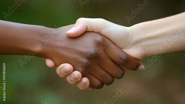 Fototapeta A powerful handshake between individuals of different ethnicities, genders, and ages, signifying partnership and social equality