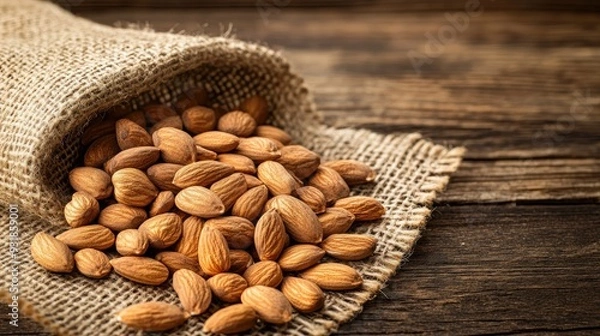 Fototapeta Almonds scattered on a burlap cloth, with a rustic wooden background