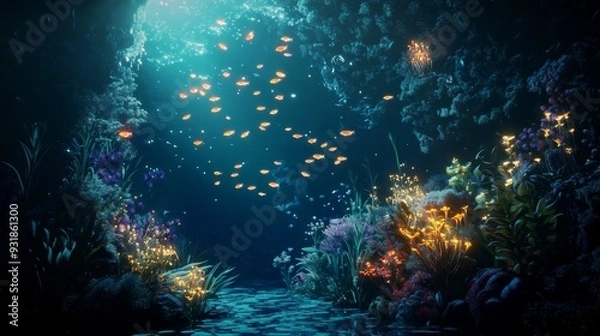 Fototapeta Design a mystical underwater landscape with schools of glowing fish, magical plant life, and a serene, illuminated ambiance beneath the waves