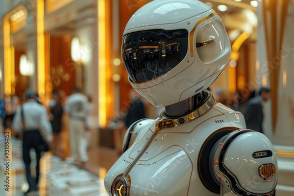 Fototapeta AI robots aiding guests in hotel lobby