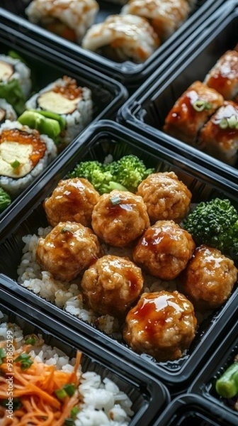 Fototapeta A black plastic food container filled with chicken balls, rice, and vegetables is seen in the middle of an array of other healthy meal boxes