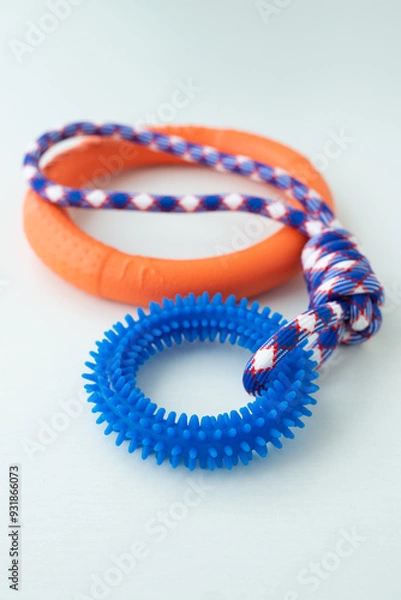 Fototapeta Orange puppy pull ring and blue knot tugger. Best dog toys for training and education, and scratching teeth on white background.