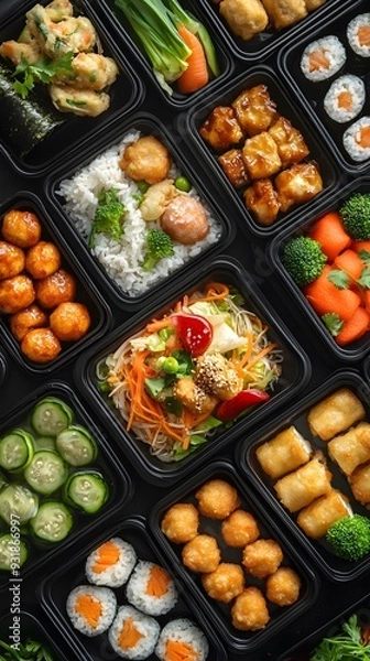 Obraz A black plastic food container filled with chicken balls, rice, and vegetables is seen in the middle of an array of other healthy meal boxes