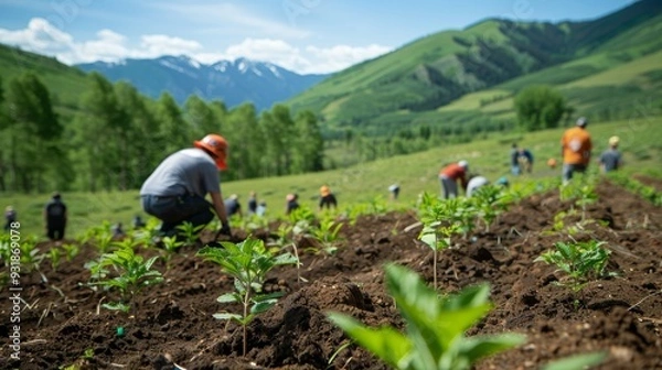 Fototapeta A lush green landscape with young trees being planted by volunteers, showcasing efforts in land restoration