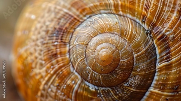 Fototapeta macro photography capturing the intricate textures and spiral patterns of a snail shell, emphasizing its natural beauty with shallow depth of field and soft lighting in a visually striking composition